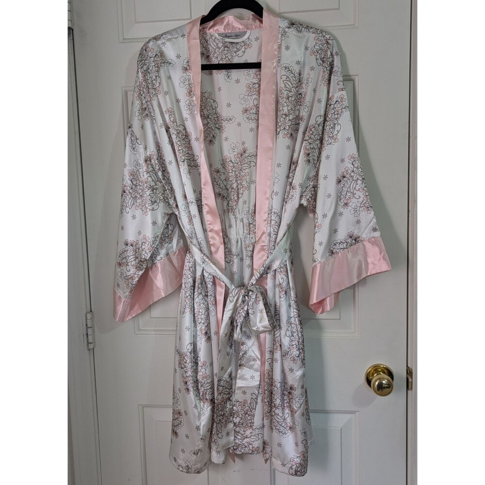 Morgan Taylor Satin Kimono Robe XXL Pink White Floral Belt Pockets Coquette EUC